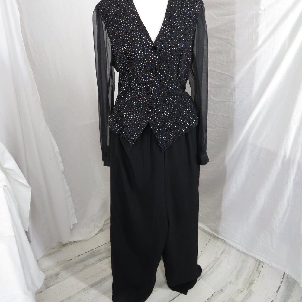 Another Thyme Vintage Sequin Mesh Two‑Piece Set | Black Evening Top & Pants | 6